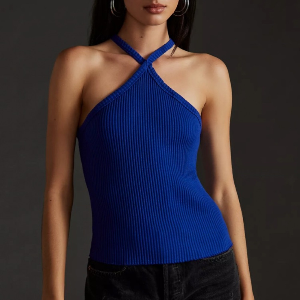 ANTHROPOLOGIE T.La WOMEN'S BLUE SLEEVELESS RIBBED HALTER TANK